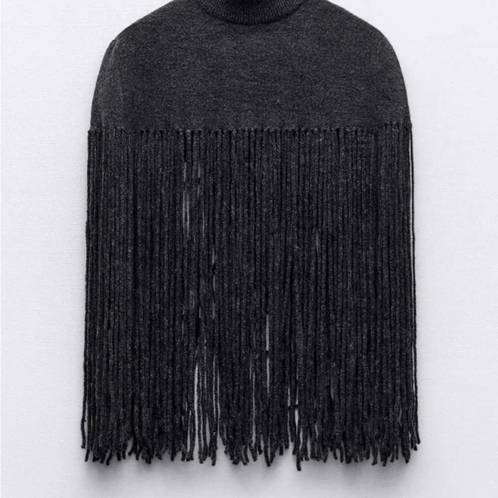 Zara Black Fringe Poncho
